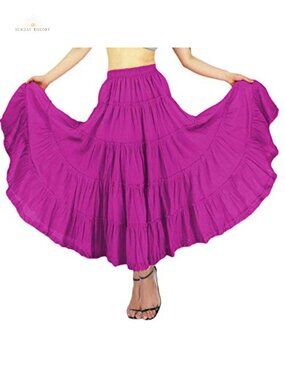 Boho Pleated Cotton Tiered Maxi Skirt A-Line Dance Full Skirt